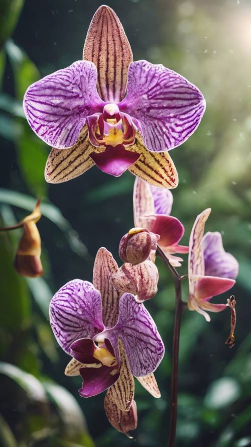 An orchid in full bloom in the rainforest, drawing in a swarm of butterflies.