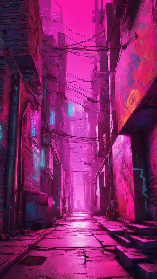 Gece yarısı, duvarlarında siberpunk aurası yayan parlak pembe grafitilerin olduğu, neon ışıklı bir şehir sokağı.
