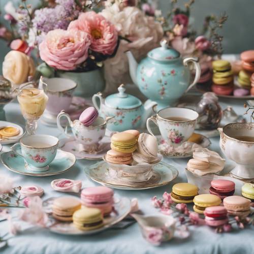 Ein Stillleben einer Frühlings-Teeparty mit wunderschönen Blumenarrangements und pastellfarbenen Macarons.