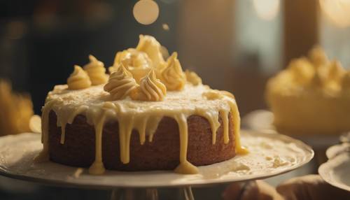 Ein Kuchen, dessen Zuckerguss sanft von einem tiefen, goldenen Farbton an der Basis zu einem weichen, butterigen Gelb an der Oberseite übergeht.