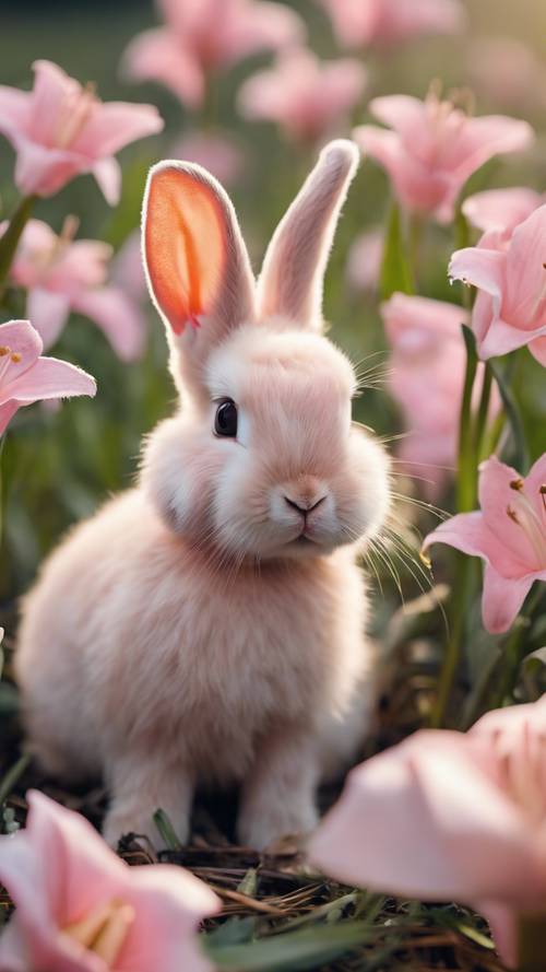 Różowy króliczek z kokardką, pośrodku pola z liliami wielkanocnymi.