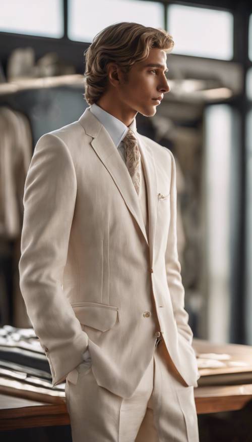Luksusowy kremowy lniany garnitur, idealnie ułożony na wyrafinowanym manekinie.