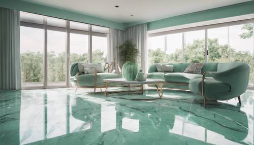 Desain ruang tamu modern dengan lantai marmer hijau mint.