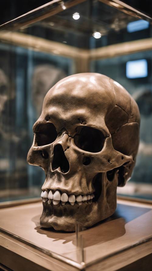 Un crâne entièrement en velours posé sur une vitrine de musée