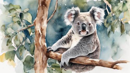 Un dipinto ad acquerello di un koala seduto su un albero, impegnato a masticare foglie.