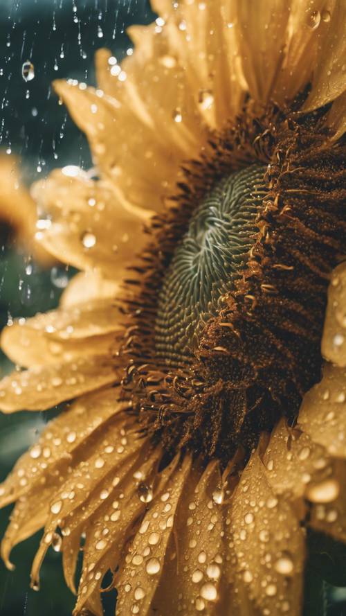 Eine regengeküsste Vintage-Sonnenblume erwacht im frühen Morgengrauen zum Sonnenaufgang, Tautropfen hängen zart von ihren Blütenblättern.