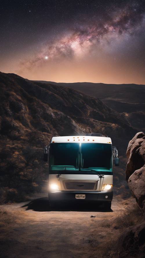 Un bus touristique garé sur une falaise déserte, contemplant la beauté infinie du ciel nocturne.