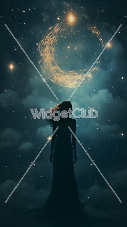 Marzycielskie nocne niebo i dziewczyna patrząca na księżyc
