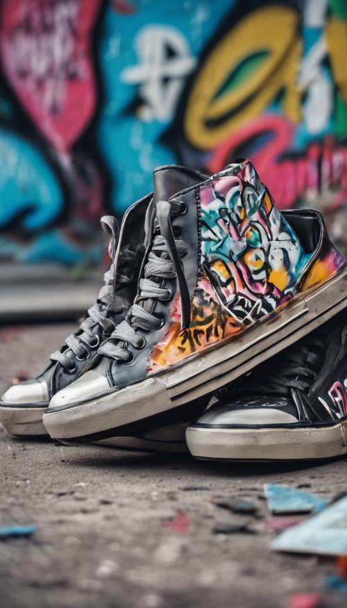 Cận cảnh một đôi giày sneaker phong cách đường phố thời thượng với các điểm nhấn bằng kim loại đã biến thành một kiệt tác graffiti.
