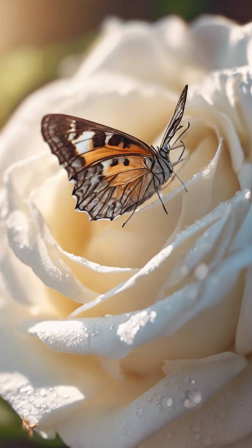 Motyl delikatnie spoczywający na samotnym pączku białej róży w porannym słońcu.