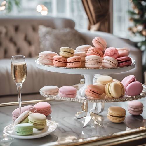 Una festiva zona de asientos de lujo de estilo francés con champán y macarons.