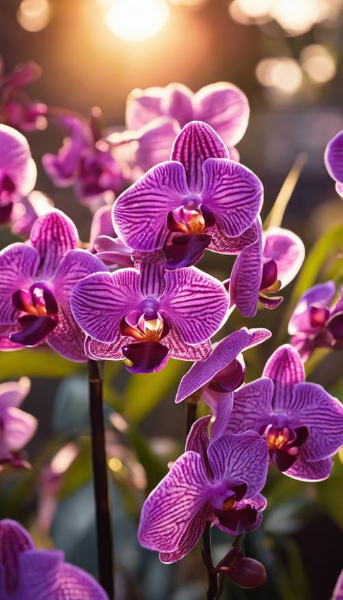 Eine Reihe violetter Orchideen vor dem Hintergrund der untergehenden Sonne.