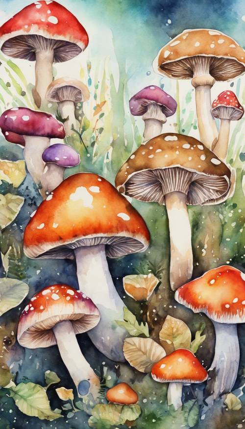 Uma vibrante pintura em aquarela mostrando vários cogumelos fofos e coloridos.