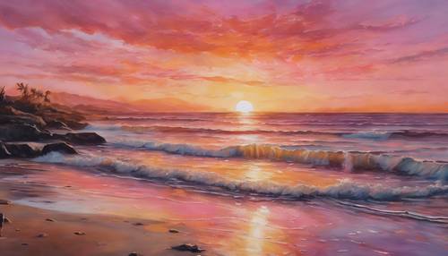 Lukisan cat minyak yang menggambarkan matahari terbenam yang indah memandikan pantai yang tenang dengan warna oranye dan merah muda.