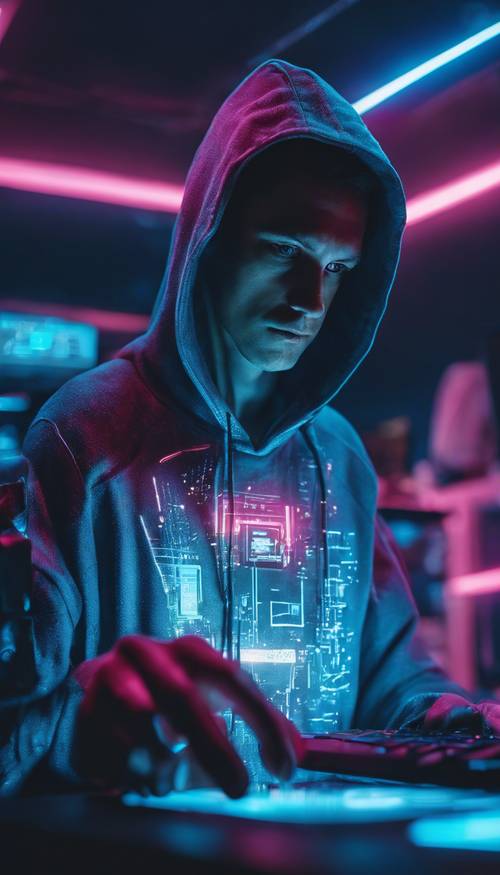 미래 지향적인 기술 장치로 가득한 방에서 네온 블루 조명으로 백라이트를 받고 있는 후드티를 입은 해커입니다.
