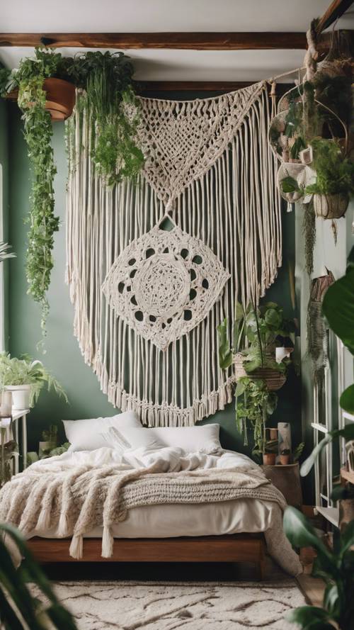 A cozy bohemian bedroom filled with macrame wall hangings and pops of green from potted plants