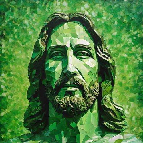 Une peinture abstraite de Jésus dans des tons de vert.