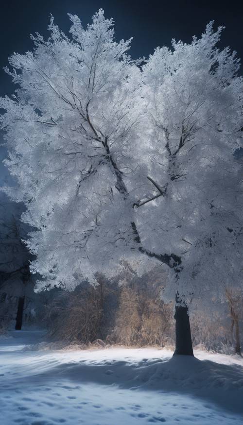 Verzauberte Winterbäume, schwer beladen mit unberührtem Schnee unter dem mondbeschienenen Himmel. Hintergrund [c1f01eb2e82d40769534]