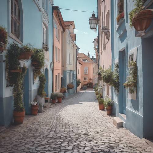 Jalanan kota kuno Eropa diwarnai dengan warna biru pastel.