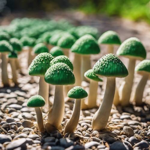 Una fila di funghi verdi che spuntano lungo un sentiero di ghiaia.