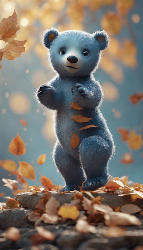 かわいい青いクマの赤ちゃんが秋の葉っぱと遊んでいる様子を拡大した壁紙
