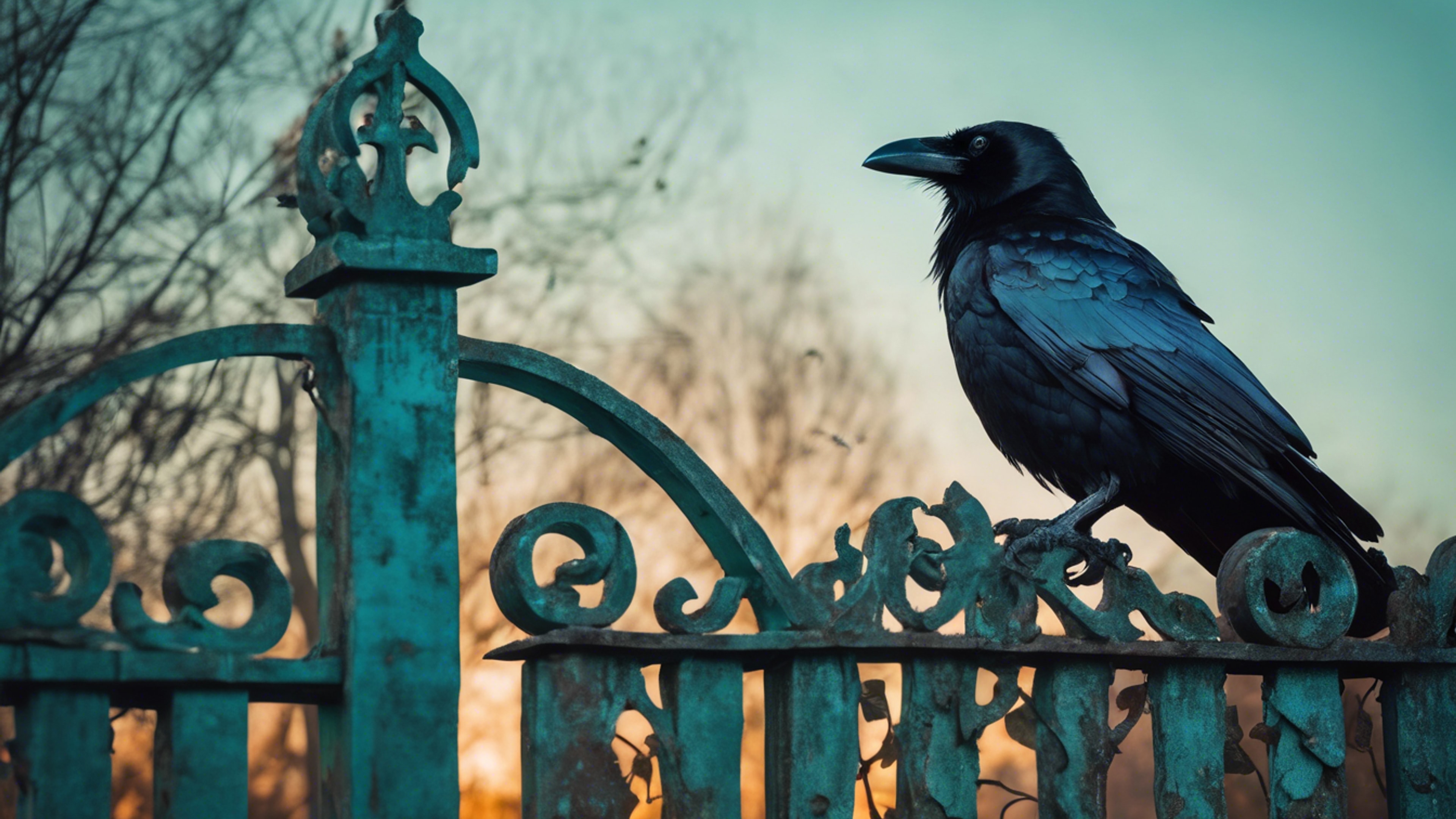 A Gothic raven perched on a dilapidated garden gate, aglow with the mesmerizing light of a teal moon. Tapetai[c5fc313733614ce1ad34]