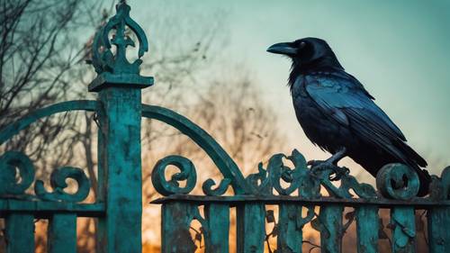 A Gothic raven perched on a dilapidated garden gate, aglow with the mesmerizing light of a teal moon.