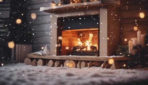 Un camino acceso anima le ombre di una stanza accogliente, mentre fuori una nevicata ricopre ogni cosa.