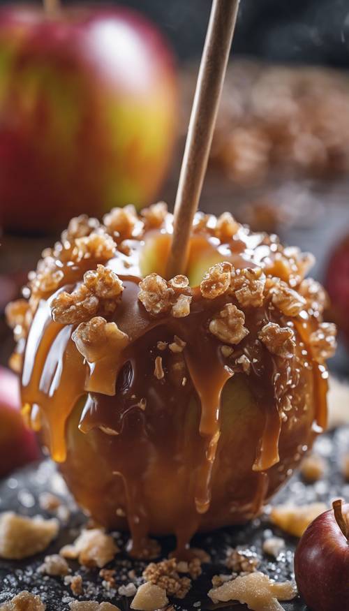 Primo piano di una deliziosa mela caramellata ricoperta esternamente da uno strato di zucchero fragile.