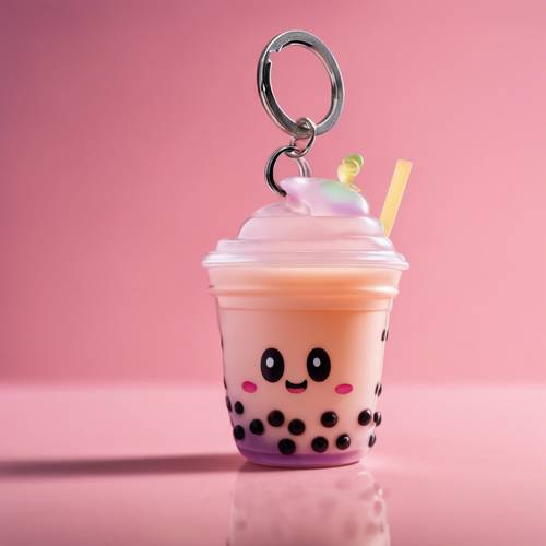 A mini bubble tea keychain with dewy eyes and a delightful smile, hanging joyfully against a gentle pink gradient background.