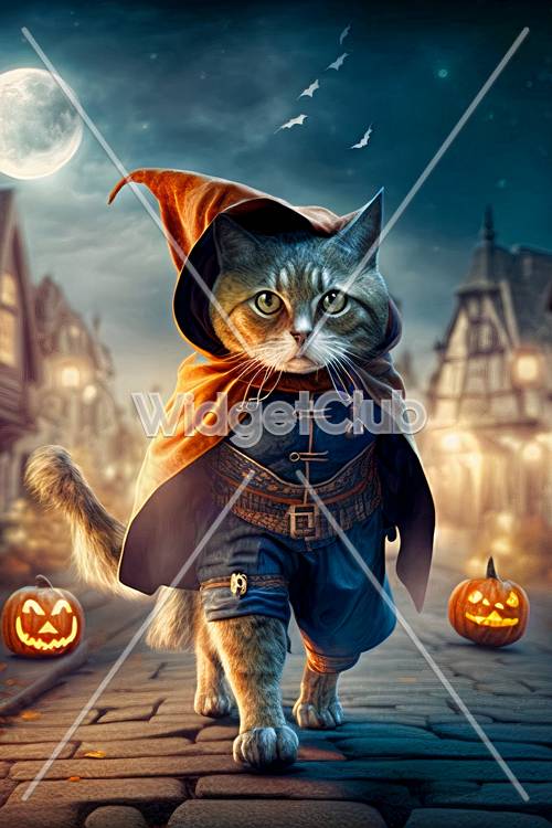 Gato mágico de Halloween en un pueblo de fantasía
