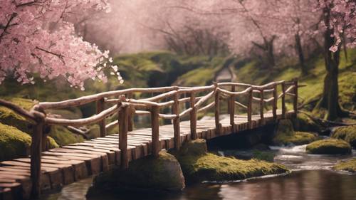 Sebuah jembatan kayu kecil yang membentang di sungai kecil yang dihiasi kelopak bunga sakura di hutan musim semi.