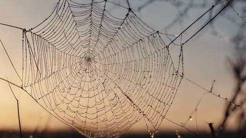 Dew covered spider web showcasing aesthetic quotes in the early hours of morning.