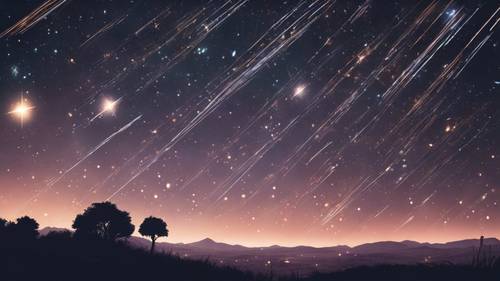 An enchanting image of a night sky illuminated by a meteor shower, the shooting stars tracing an anime quote in their streak. Tapet [1703790db7ee4c0da092]