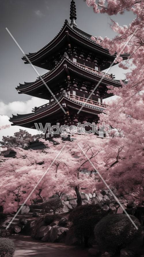 Wiśniowe kwiaty i pagoda wiosną