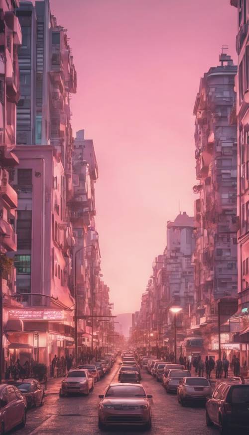 柔和的粉红色黄昏天空下，一座广阔的粉彩城市。