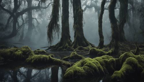 Air hitam pekat di rawa gelap berkabut dengan gugusan pepohonan kuno yang dipenuhi lumut.