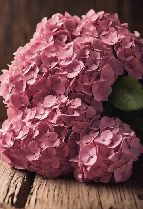 A bunch of pink hydrangeas wrapped in rustic brown paper, resting casually on a wooden table.