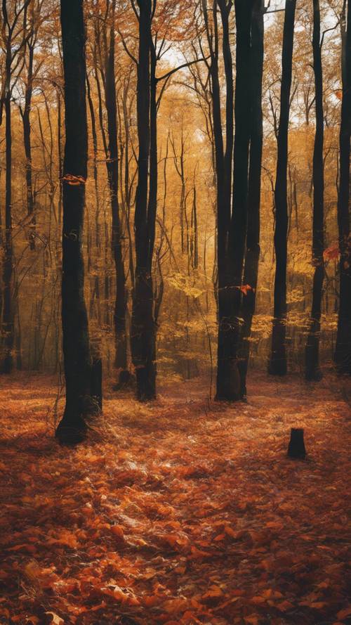 Minimalistyczna, abstrakcyjna scena leśna jesienią, wykorzystująca szerokie pociągnięcia i nasycone jesienne kolory.