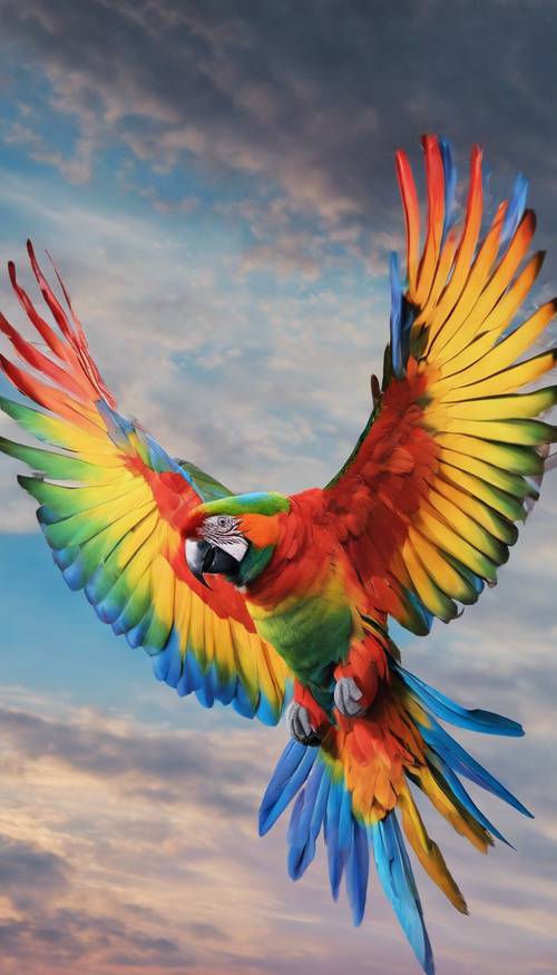 Uma pintura a óleo de um papagaio voando, com as asas coloridas do arco-íris bem abertas no céu.