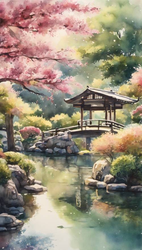 لوحة أنيقة بالألوان المائية تعرض حديقة يابانية هادئة تتفتح بالكامل خلال فصل الربيع.