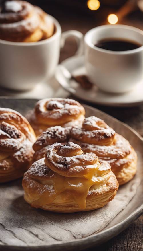 Creamy Danish pastries, artistically arranged in a rustic setting with cups of coffee. Tapeta [3cb5b716b48c44798610]