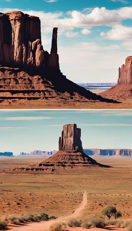 A panoramic view of Monument Valley stretching out under a clear blue sky