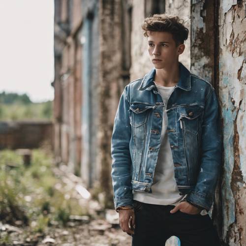 Ragazzo con una giacca di jeans, che esplora un edificio abbandonato.