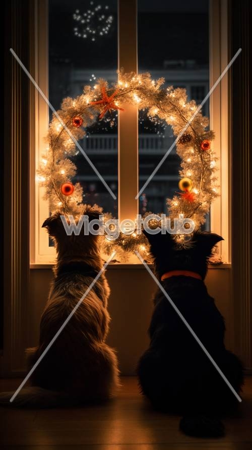 Two Dogs Watching Snow Through a Decorated Window壁紙[4aecee2e91e143339ec3]