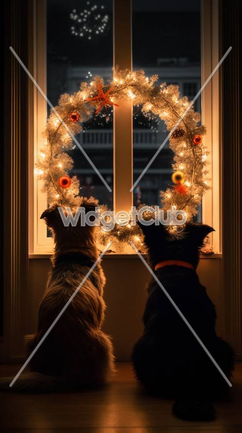 Dos perros mirando la nieve a través de una ventana decorada