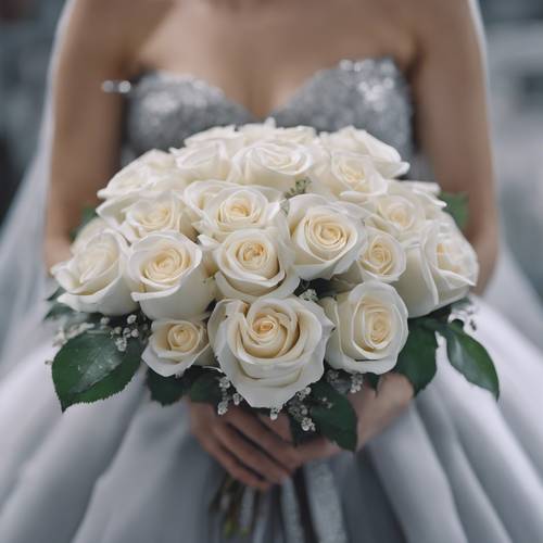 A bouquet of white roses held by a bride in a gray wedding dress.
