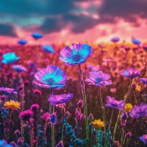 שדה של פרחים עתידניים זוהרים בצבעי ניאון Y2K כנגד אות אלחוטי המוצג בשמים.