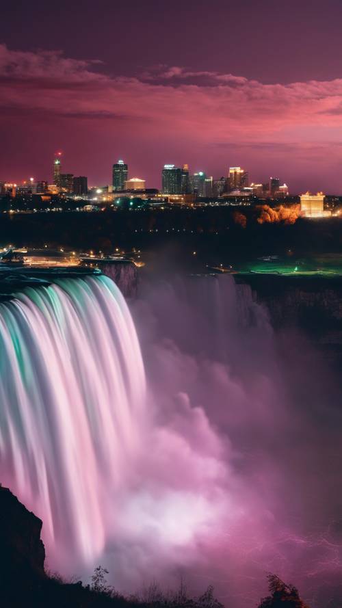 夜に華やかな色に照らされるナイアガラの滝
