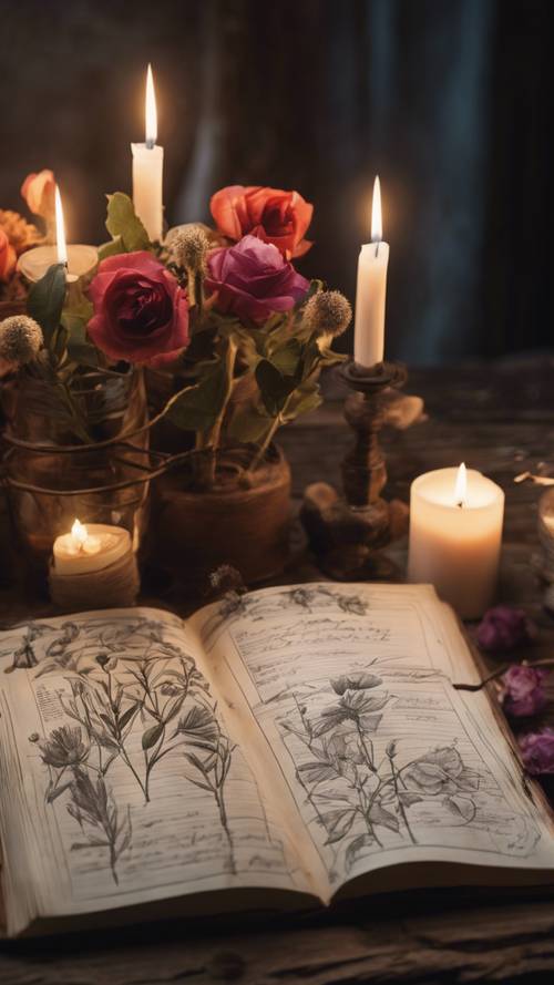 Ein Vintage-Tagebuch mit Blumenskizzen auf einem rustikalen Tisch, beleuchtet von Kerzenlicht.
